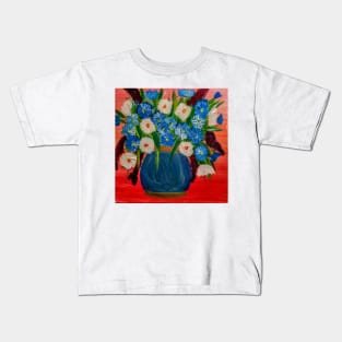 Some mixed abstract flowers in a blue and gold vase Kids T-Shirt